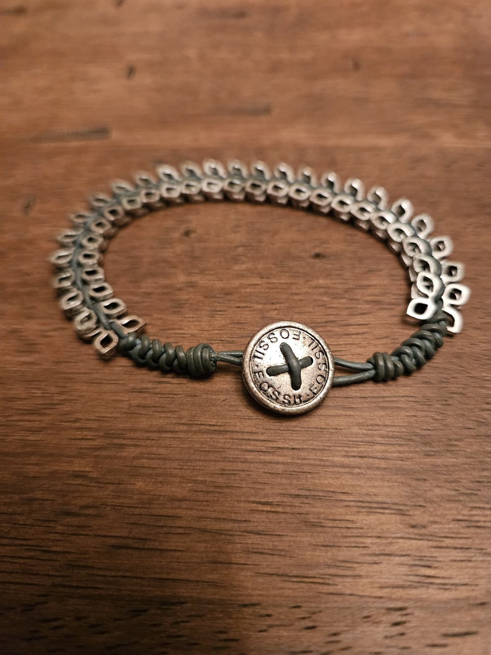 Fossil Silver-Tone Beaded Bracelet with Green Cord and Branded Button